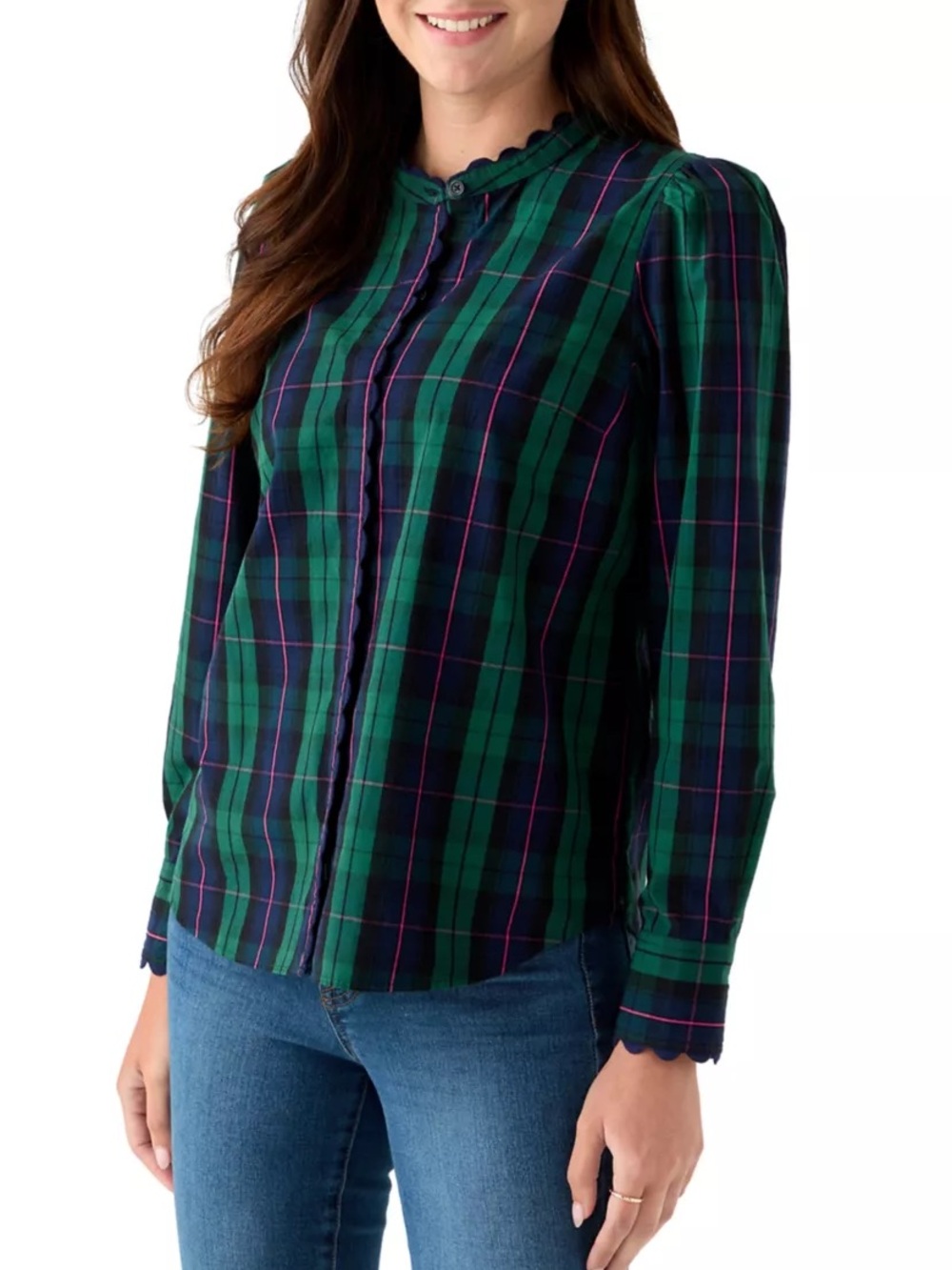 crown & ivy Green, Navy and Pink Plaid Scalloped-Trim Button Front Blouse